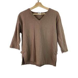 Drawstrings of Malibu Women's Size XS Mocha 3/4 Sleeve V-Neck Cotton V-Neck Top